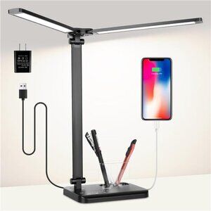 LED Desk Lamp with Dual Heads, 5 Color Modes & 10 Brightness Levels, Adjustable